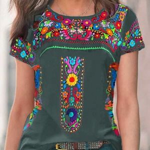 Boho Printed Short Sleeve Casual Tops  Crew Neck T-Shirt Slim Blouse (Large)